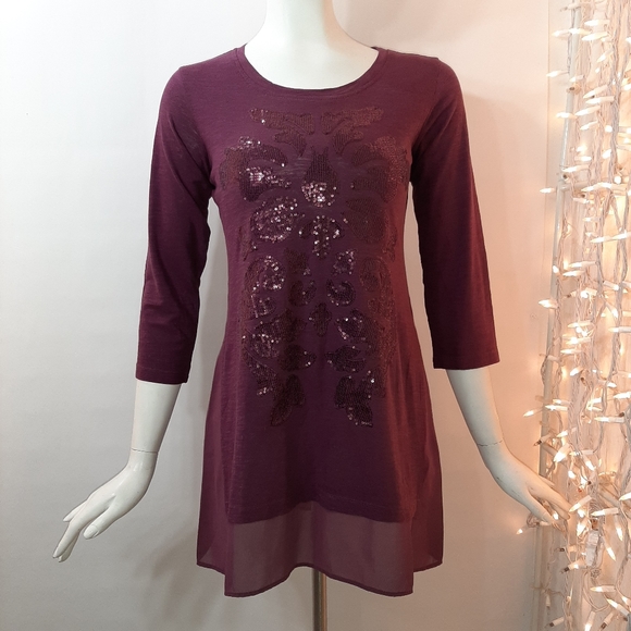 LOGO Lori Goldstein Plum Sequin Flare Tunic